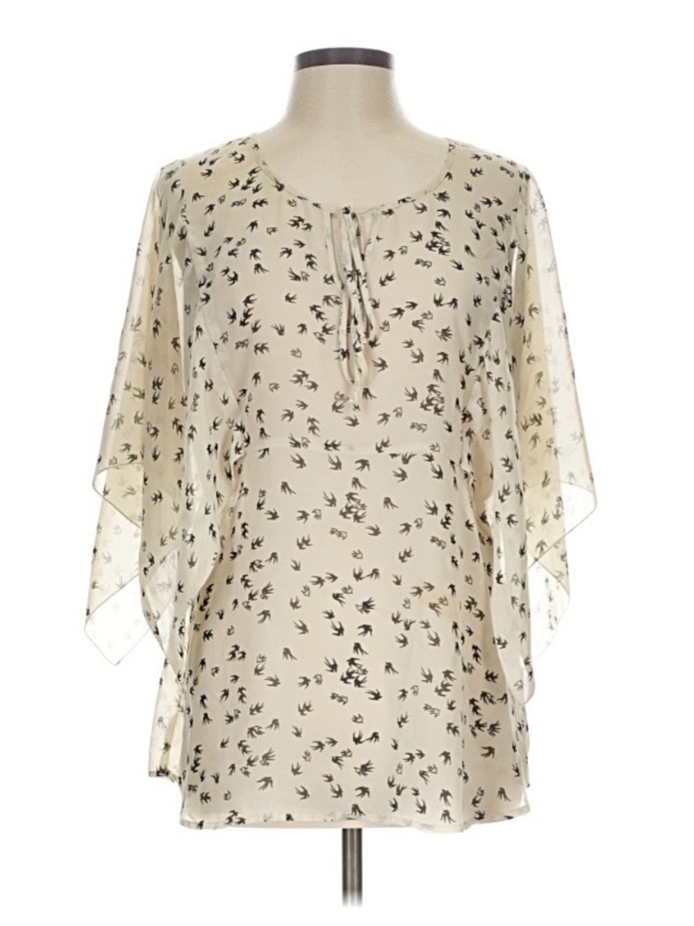 Daniel Rainn Swallow Bird Print Tie-Neck Flutter Sleeve Top